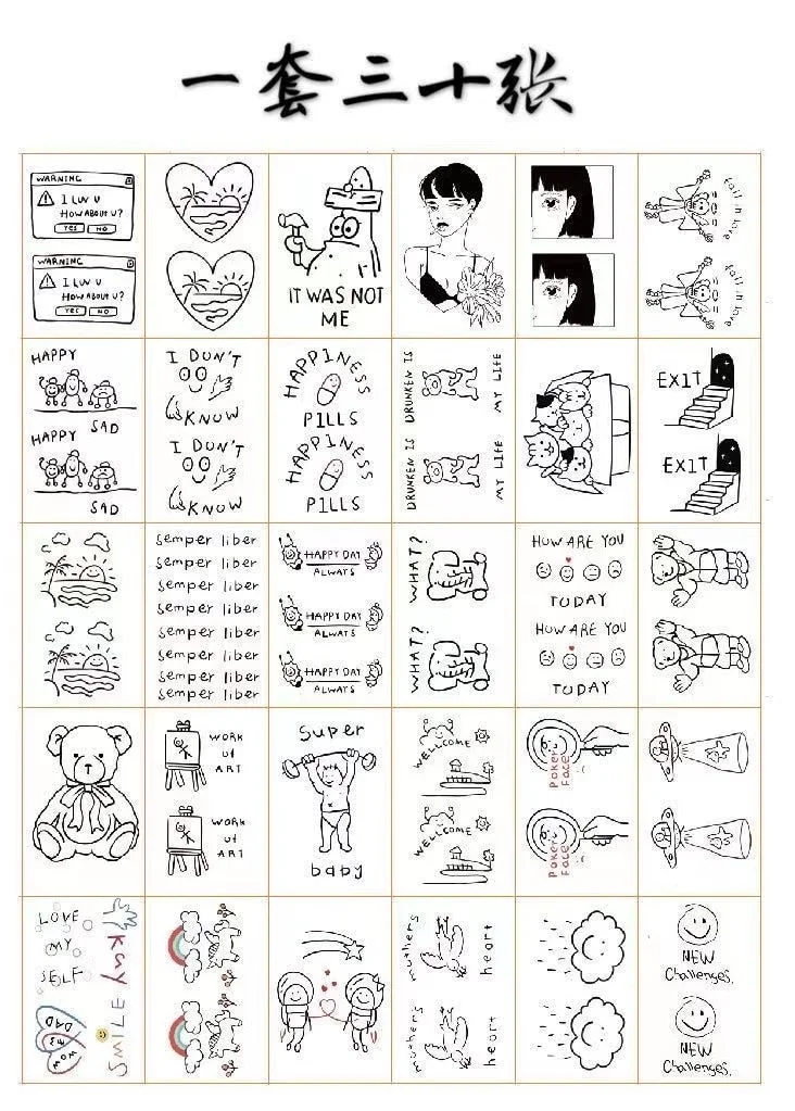 30PCS Black Cute Cartoon Temporary Tattoo Stickers For Women Men Arm Body Art Waterproof Fake Tattos Flash Decals Tatoos