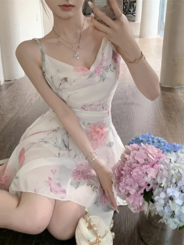 Churchf Sexy Dresses Women Floral Printed Swinging Collar French Style Chic Summer Elegant Sweet Dress Ladies Backless Vintage-Outfit Ideas