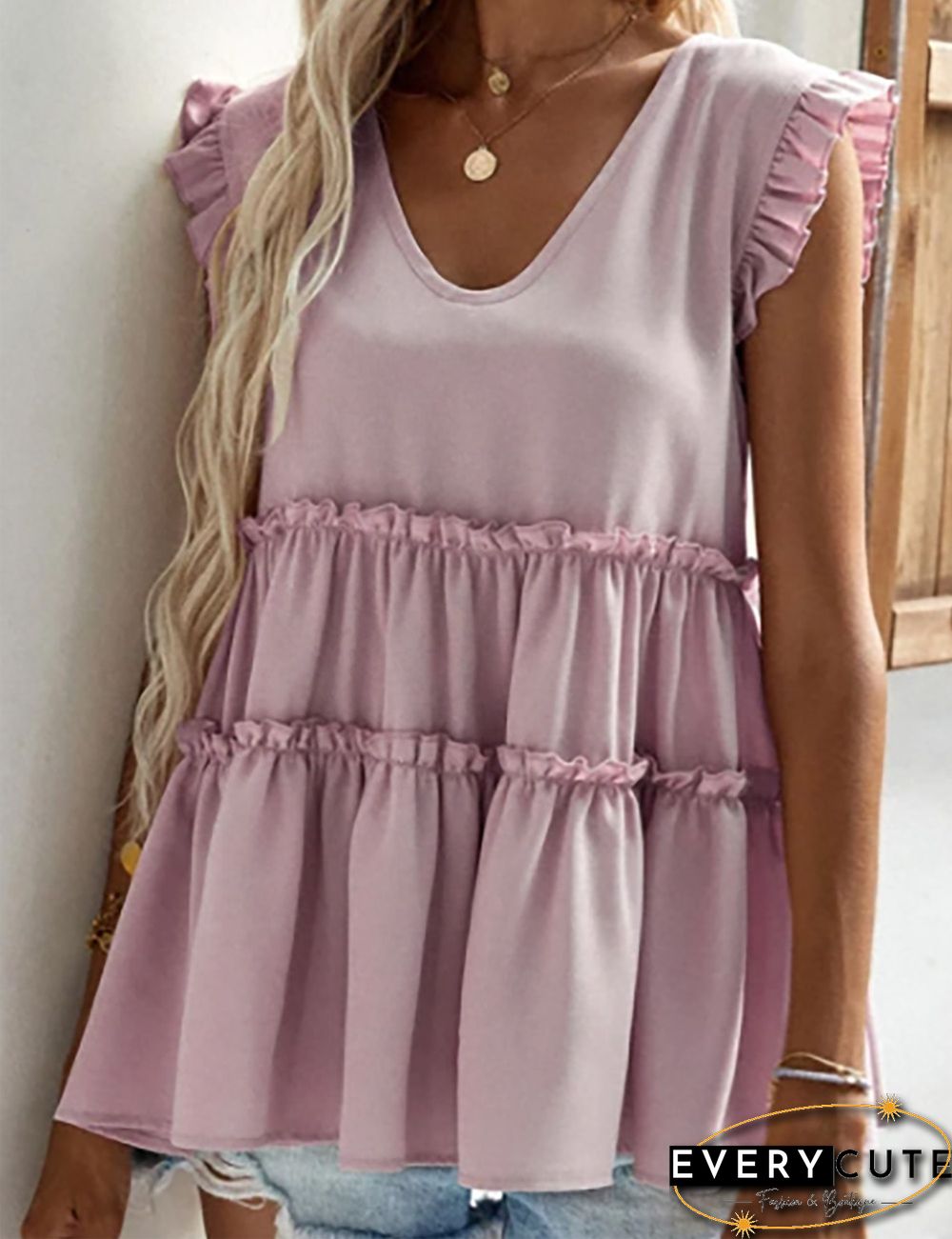 Light Pink V Neck Ruffles Sleeveless Tank Top