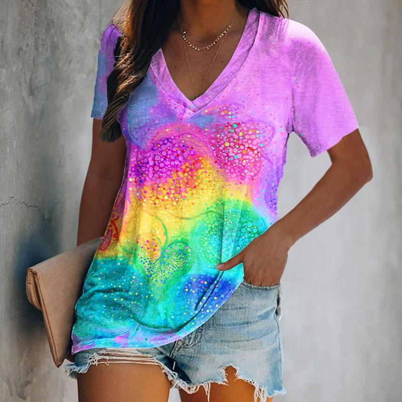 Colorful Polka Dot Tie-dye V-neck Printed Women's T-shirt