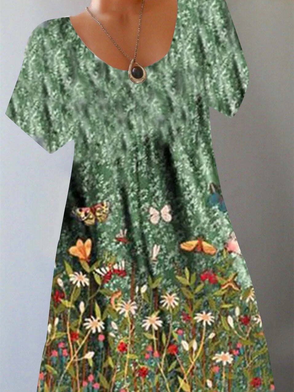 Women Half Sleeve V-neck Solid Color Dress