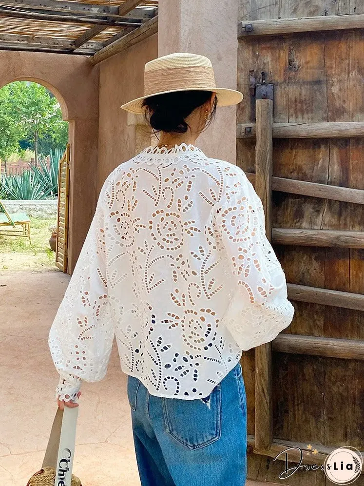 Women's Cotton Embroidered French White Shirt Long Clothing