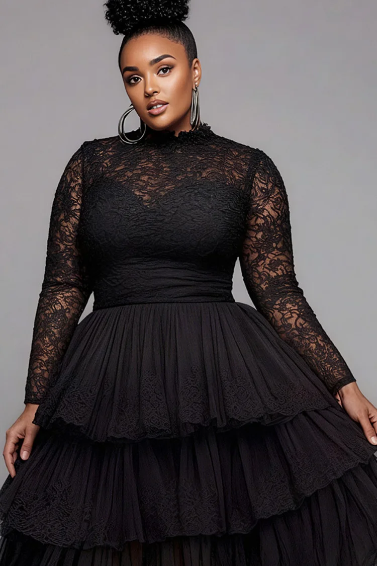 Xpluswear Design Plus Size Formal Black Round Neck Long Sleeve Tiered Elegant Ruffle Lace Midi Dresses [Pre-Order]