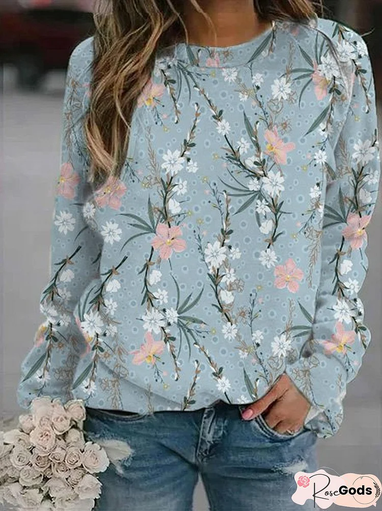 Floral Cotton Loose Raglan Sleeve Sweatshirts