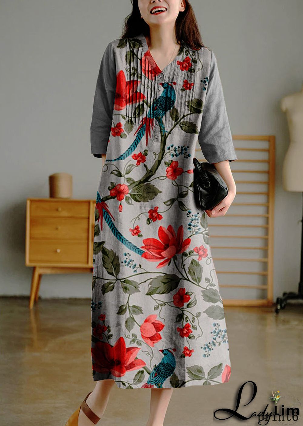 Grey Print6 Loose Linen Long Dresses Button Solid Half Sleeve