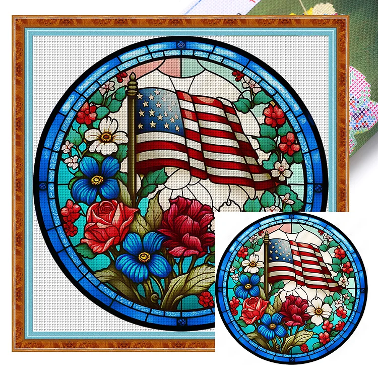 American Flag-Flowers - Printed Cross Stitch 11CT 40*40CM