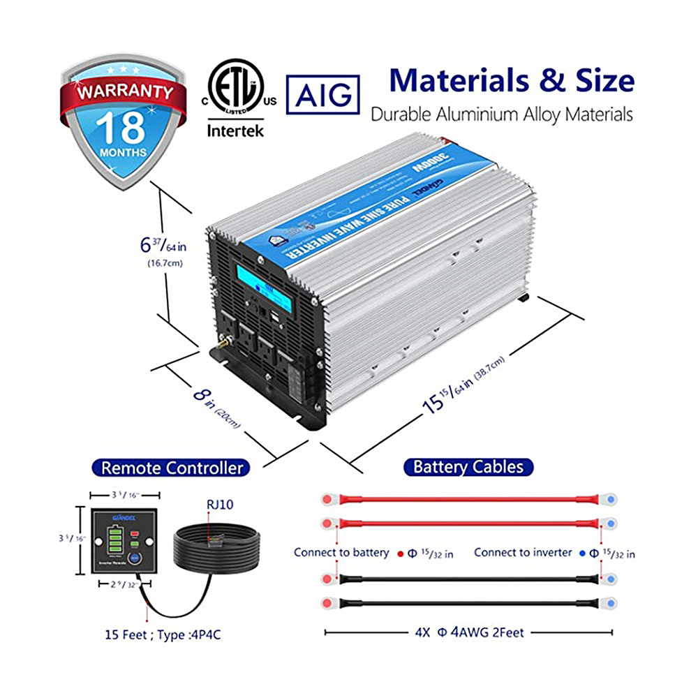 3000W Pure Sine Wave Power Inverter 12 V to 120V