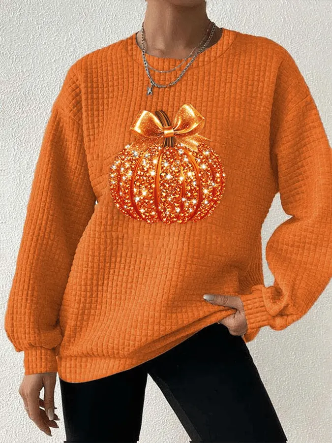 Women's Autumn Sequin Pumpkin Print Gingham Crew Neck Sweatshirt 
