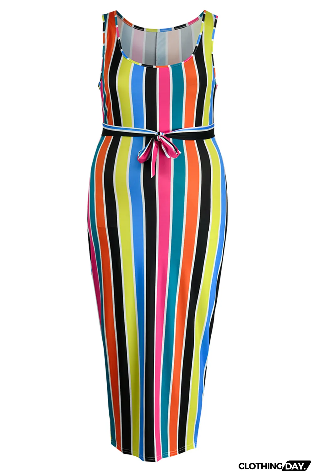 Colour Fashion Casual Plus Size Striped Print Basic O Neck Vest Dress