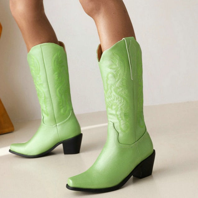 Retro green floral embroidery mid calf cowboy boots for women Block heels western boots