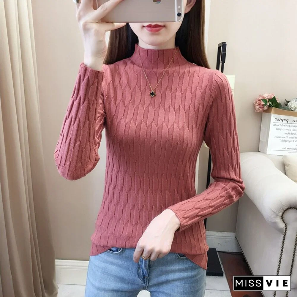 Harajuku Half High Collar Solid Knitted Sweaters Women Fashion Autumn Slim Y2k Pullovers Fashion Female Casual Korean Top
