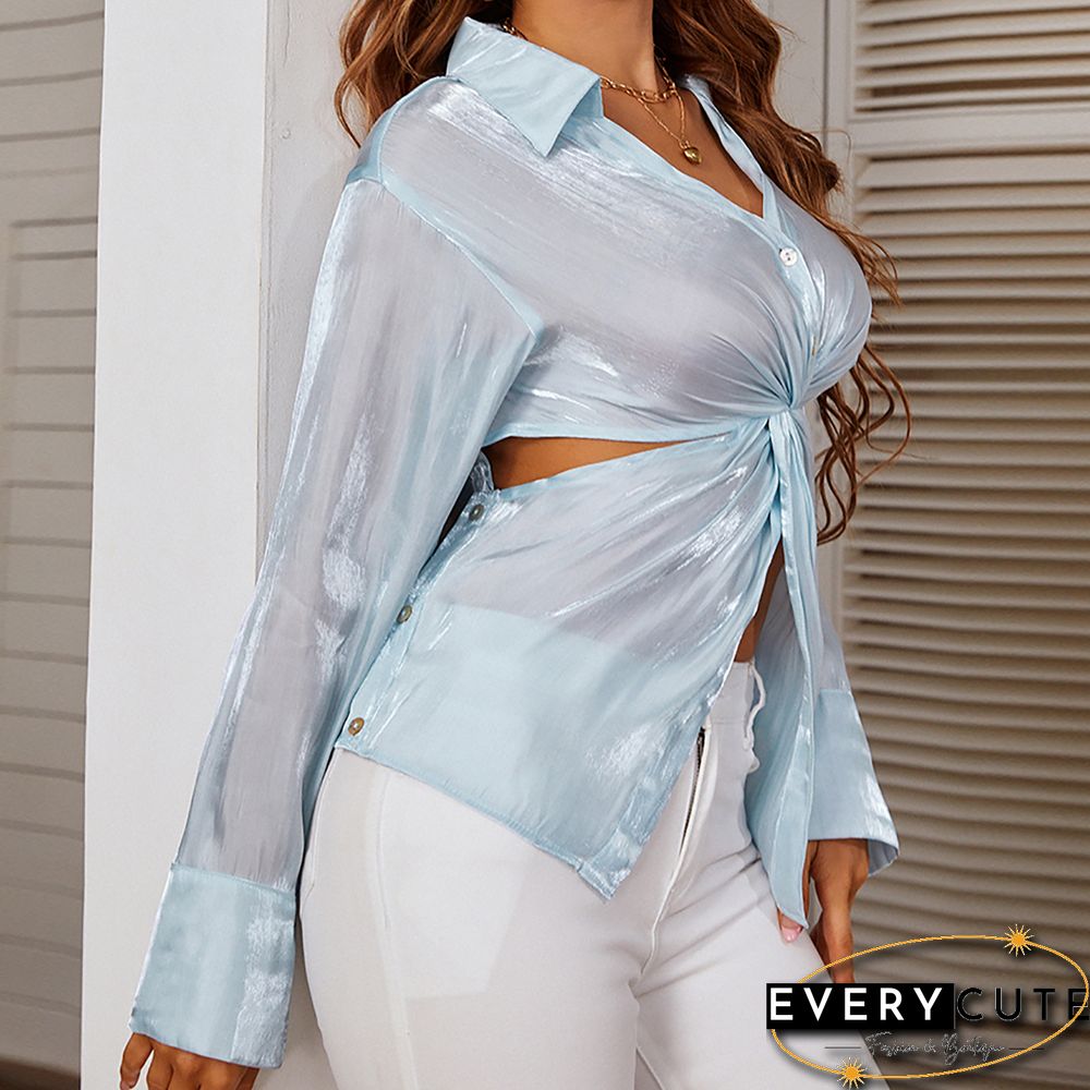 Light Blue Hollow-out Turn-down Collar Long Sleeve Shirt