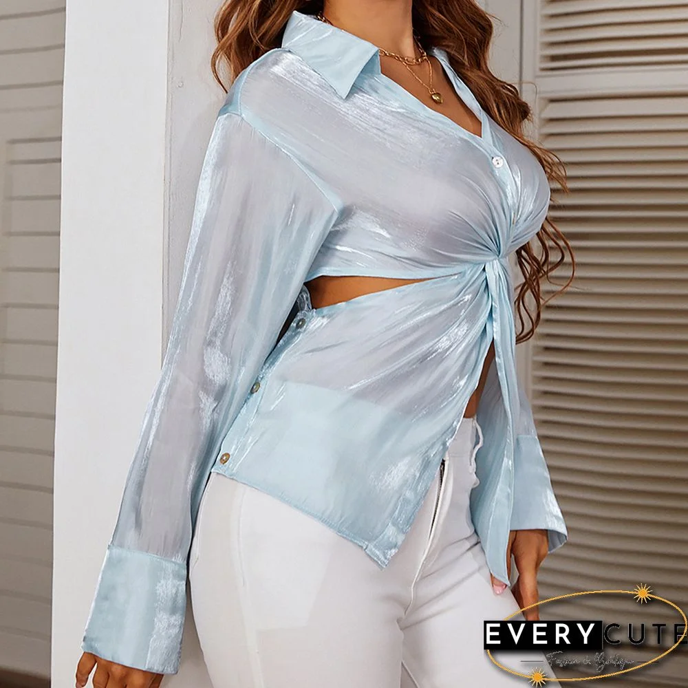 Light Blue Hollow-out Turn-down Collar Long Sleeve Shirt