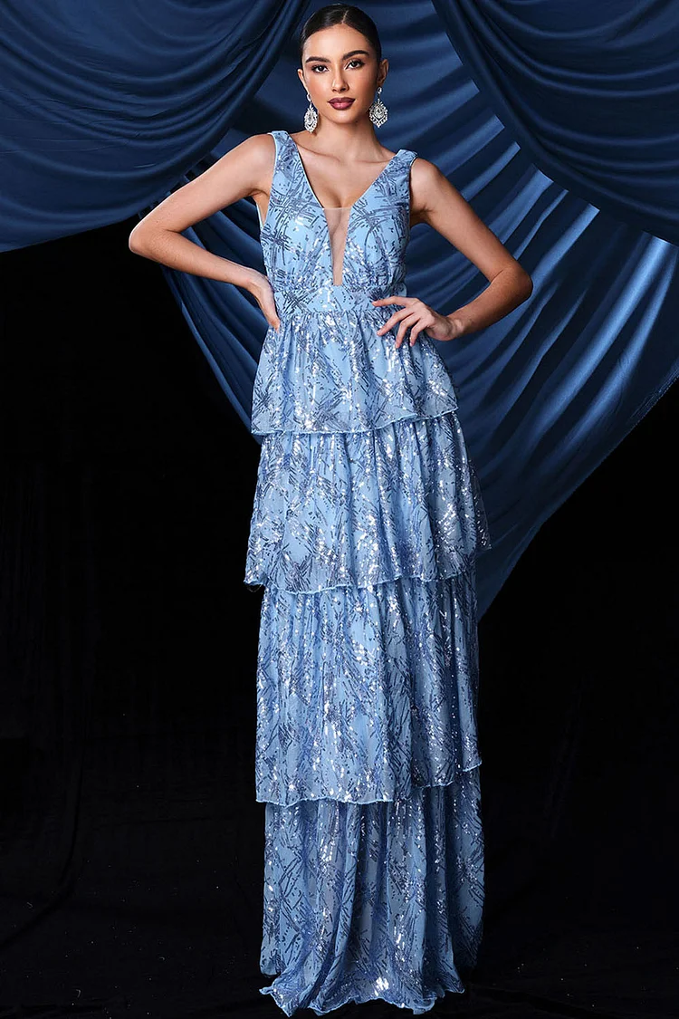Sequin Deep V Neck Sleeveless Tiered Maxi Dress-Light Blue