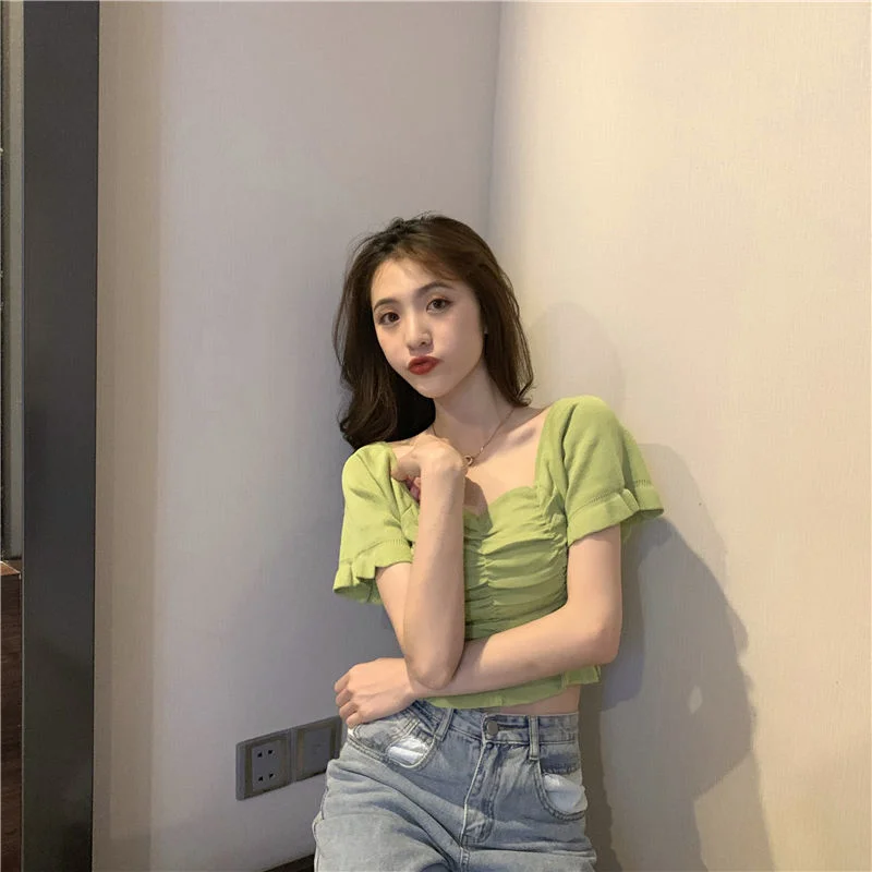 Knitted Ruffle Summer Top With High waist Cropped Blouse Women Tube Tops Short sleeve White Black Solid color Shirt 2021 Fashion