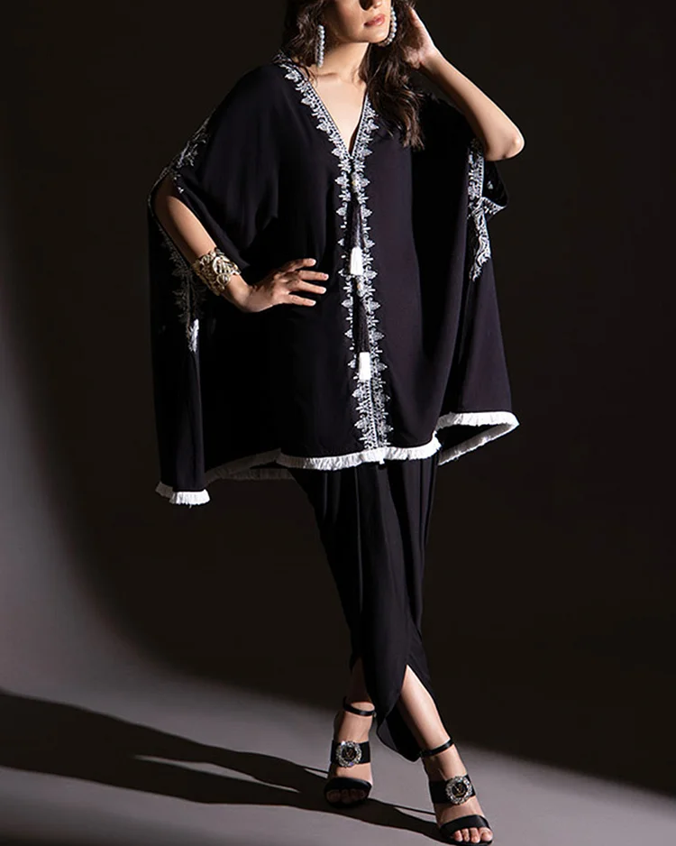 Cape-Effect Poncho and Pleated Tulip-Pant Two-Piece Set