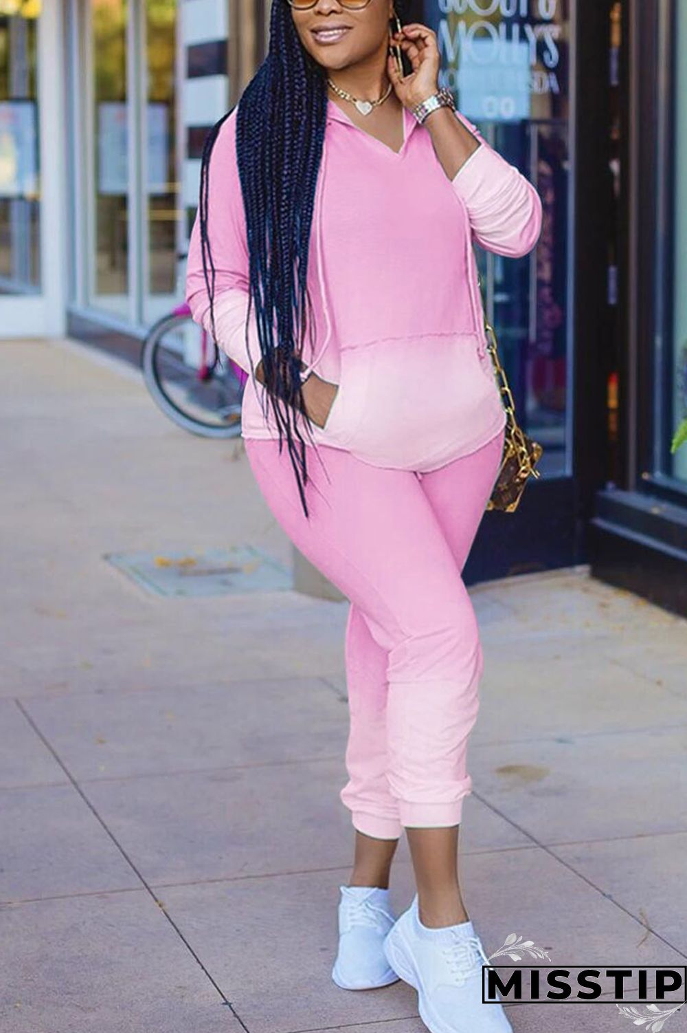 Pink Sportswear Gradual Change Hooded Collar Long Sleeve Two Pieces