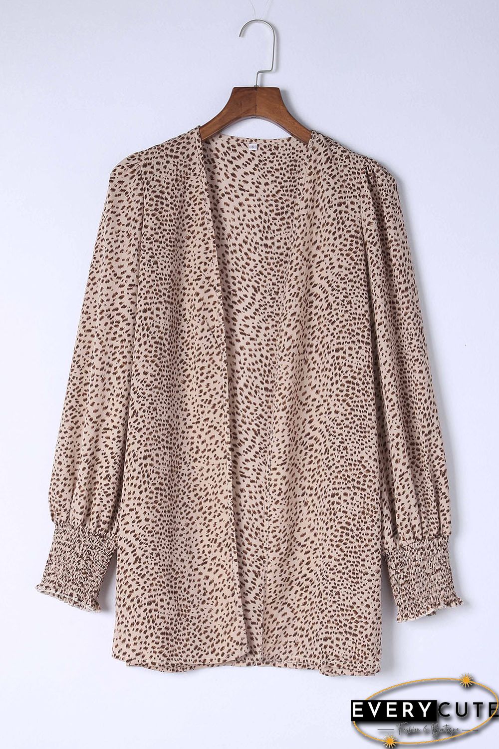 Apricot Animal Print Shirred Cuff Lantern Sleeve Cardigan