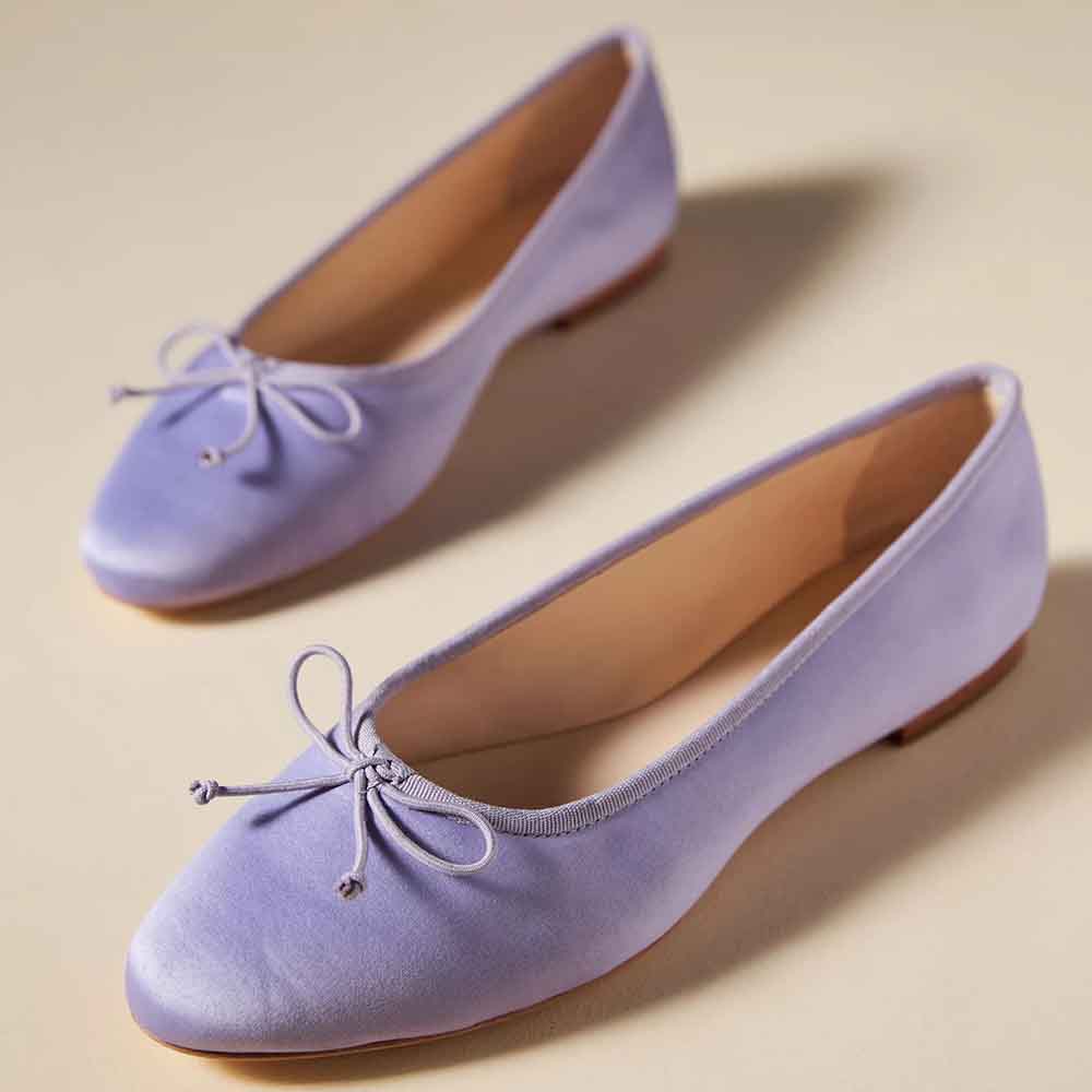 Light Purple Satin Round Toe Elegant Ballet Flats with Bow Nicepairs