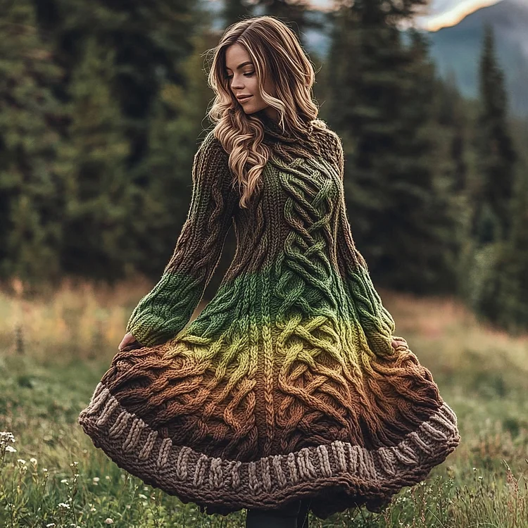 Utbros Women's Vintage Celtic Intricate Knot Jacquard Contrast Sweater Dress