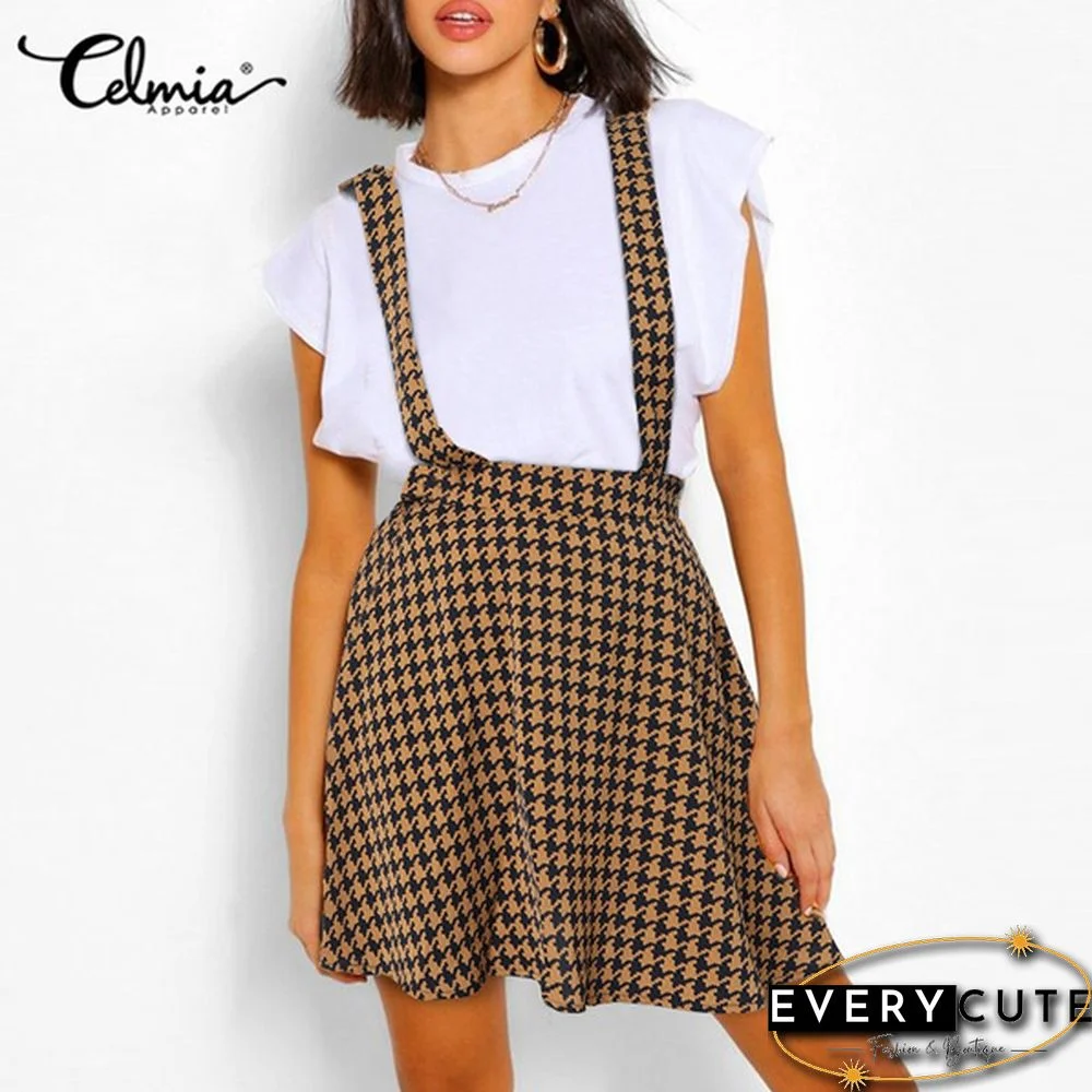 Summer Women Plaid Loose Swing Strap Skirt Dress Casual Suspender Skirt Plus Size