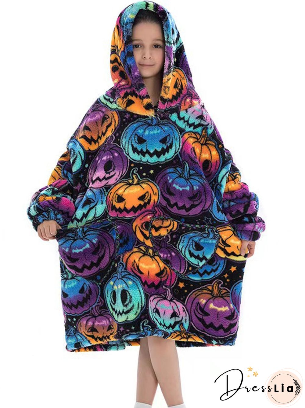 Halloween Pumpkin Print Pullover Flannel Hooded Warm Homewear Pajamas