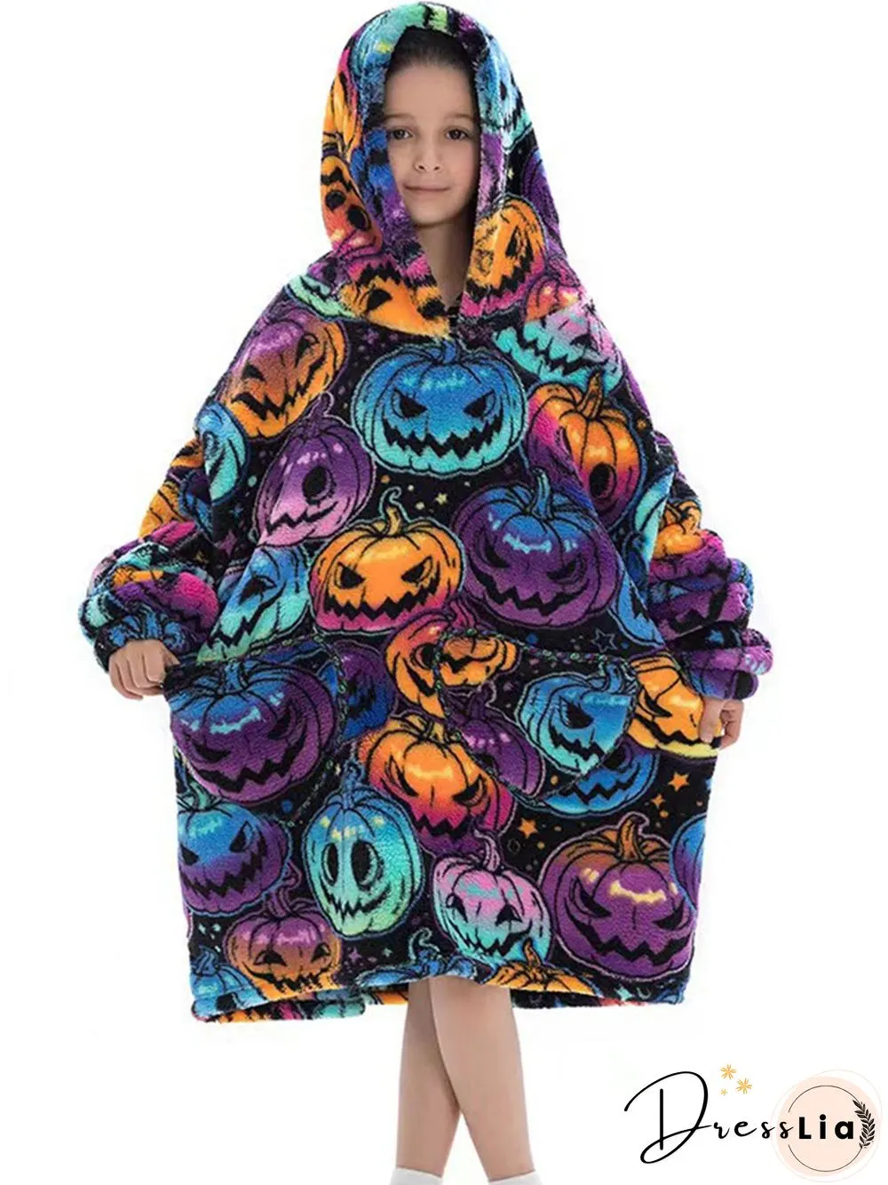 Halloween Pumpkin Print Pullover Flannel Hooded Warm Homewear Pajamas