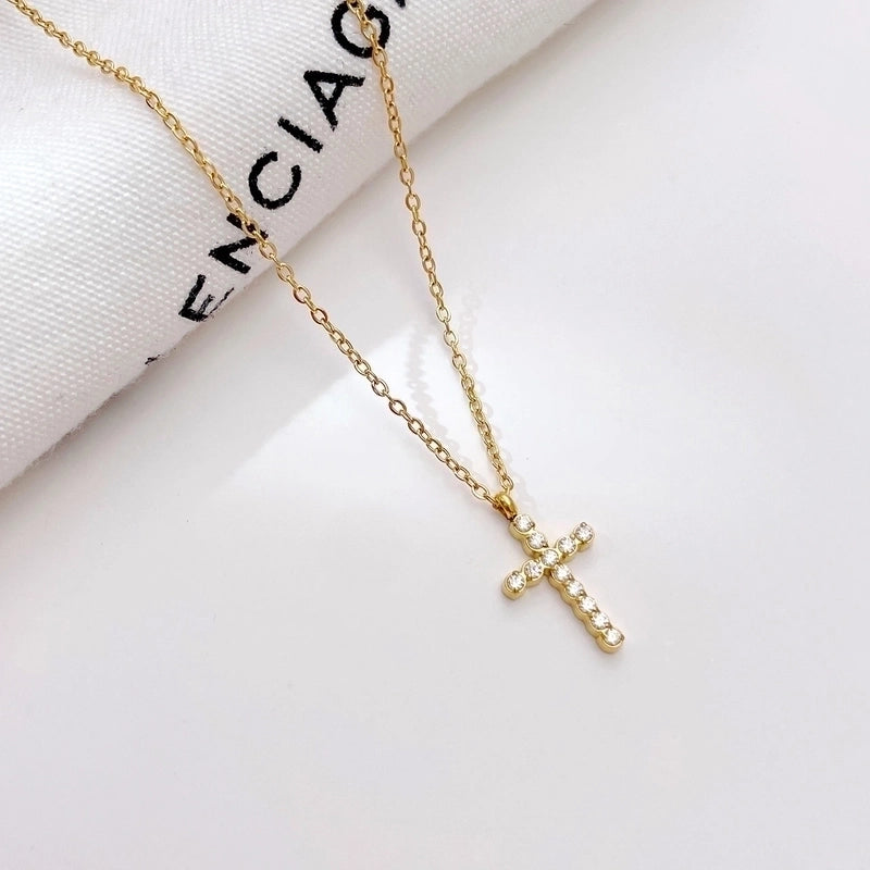 Casual Elegant Cross Stainless Steel Titanium Steel Plating Inlay Zircon Pendant Necklace