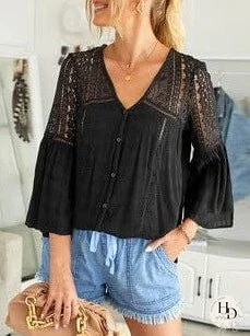 Women's Striped V-Neck Denim Shirt