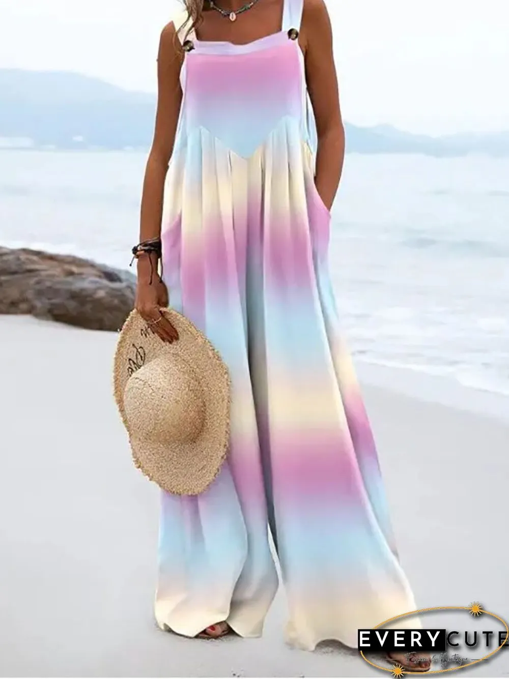 Summer Vintage Print Trousers Jumpsuit Women Casual Sling Sleeveless O Neck Wide Leg Playsuits Fashion High Street Loose Romper