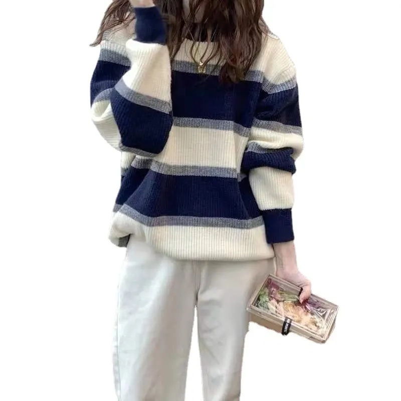 Churchf Churchf New Autumn Winter Add Thick Classic Stripe Spell Color Sweater Female Loose Languid Lazy Wind Outside Wear Knit Jacket Trend