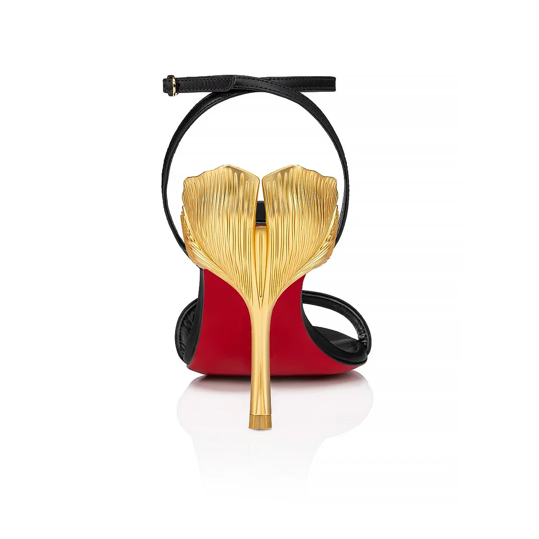 100mm Round Open Toe Ankle Strap High Heel Golden Ginkgo Leaf Heels Sandals Red Bottom Pumps-vocosishoes