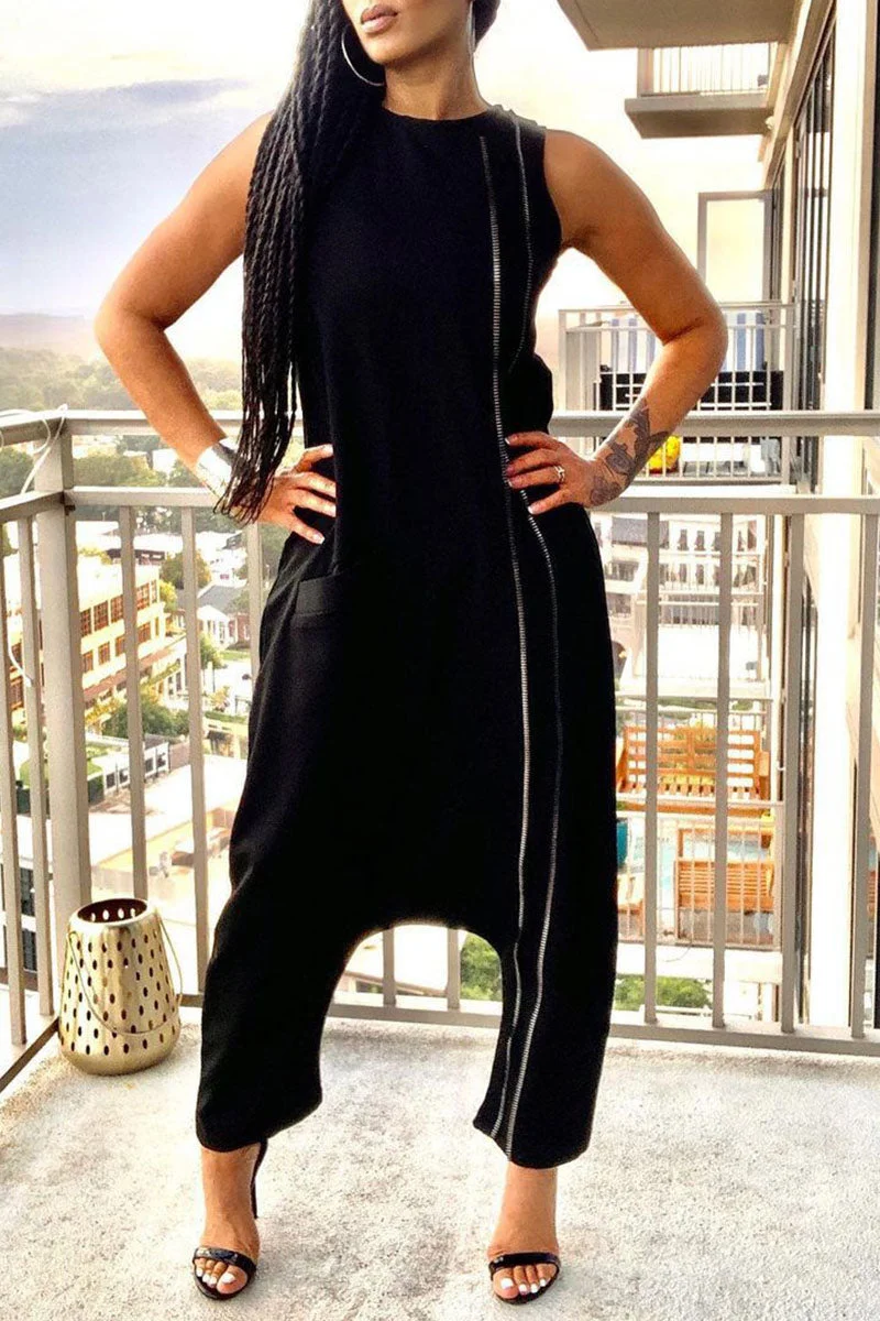 Street Solid Split Joint Pocket Zipper O Neck Loose Jumpsuits