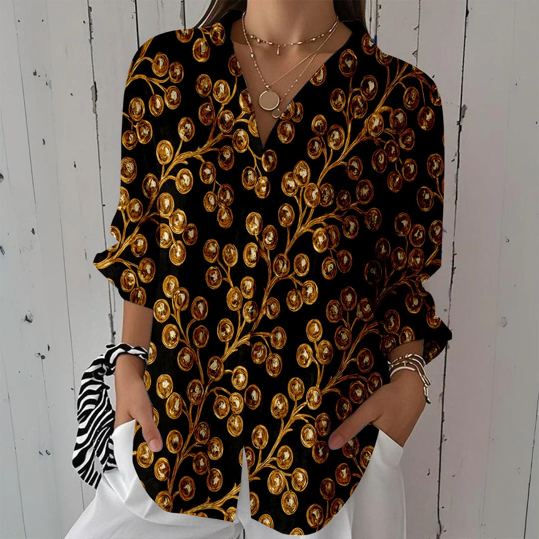 Style & Comfort for Mature Women Women Baroque,Gold,Black DZCL0279 3/4 Sleeve Shirt Collar Printed Button Tops