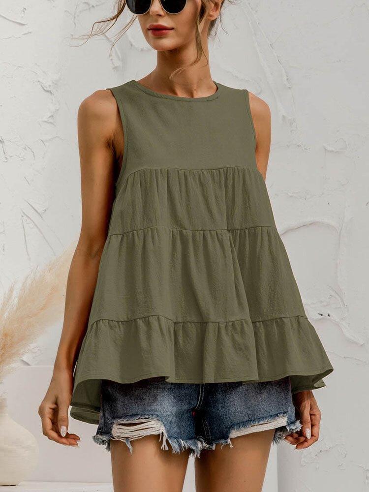 Solid Color O neck Patchwork Sleeveless Loose Tank Top P1850699
