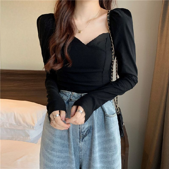 T-shirt Women spring/summer Long Sleeve Render Unlined V-neck Shoulder Pad Fashion women's Tshirts Dropshipping SMNDS118 | Newlytor