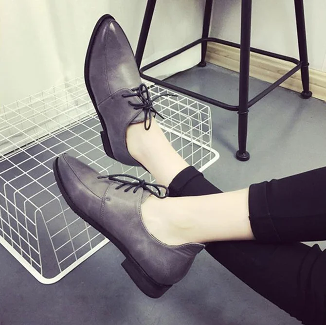 Women's Grey Point Toe Lace Up Vintage Comfortable Flats |FSJ Shoes