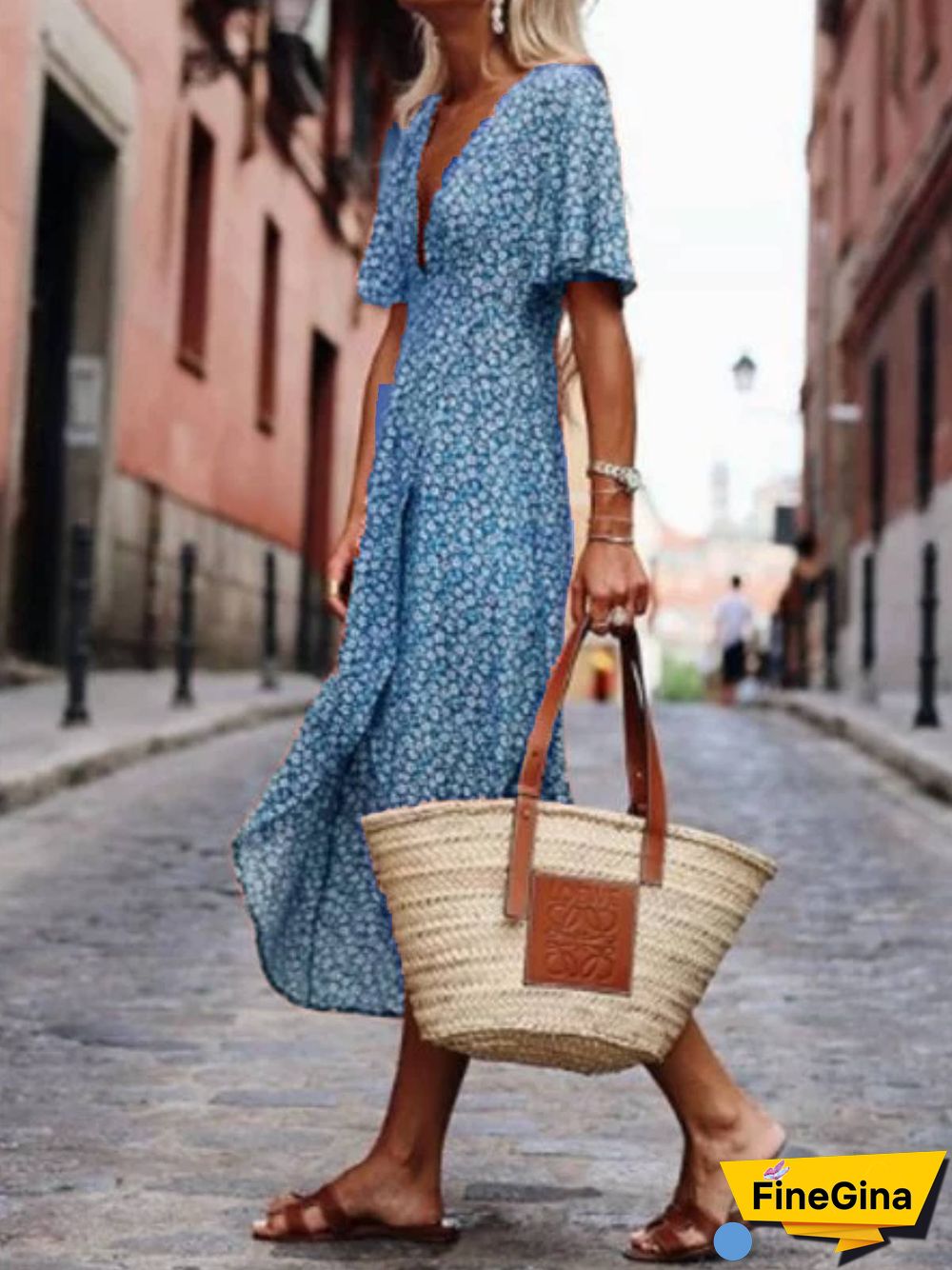 Printed Short Sleeve Swing Weaving Dress