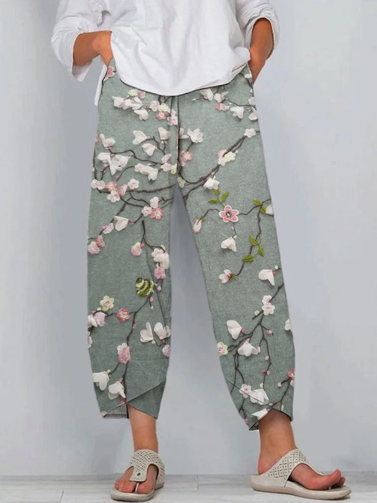 Embroidered Flower & Bird Women's Linen Pants artswardrobe