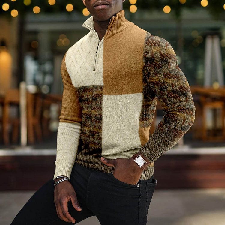 LONG SLEEVE CONTRASTING COLOR HALF ZIP MEN'S T-SHIRT