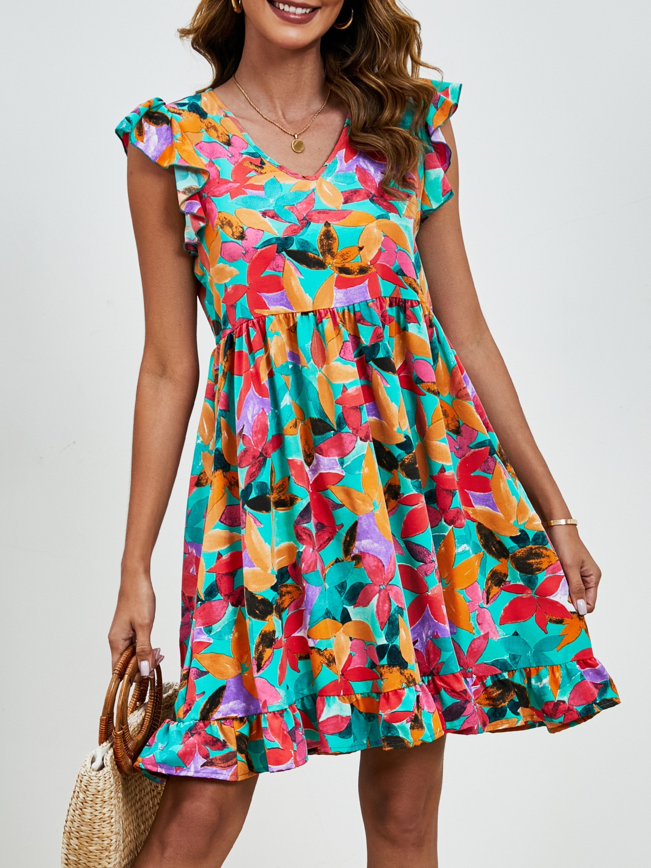 Mature Women Summer V-neck Ruffled Sleeveless A-Line Casual Beach Dress