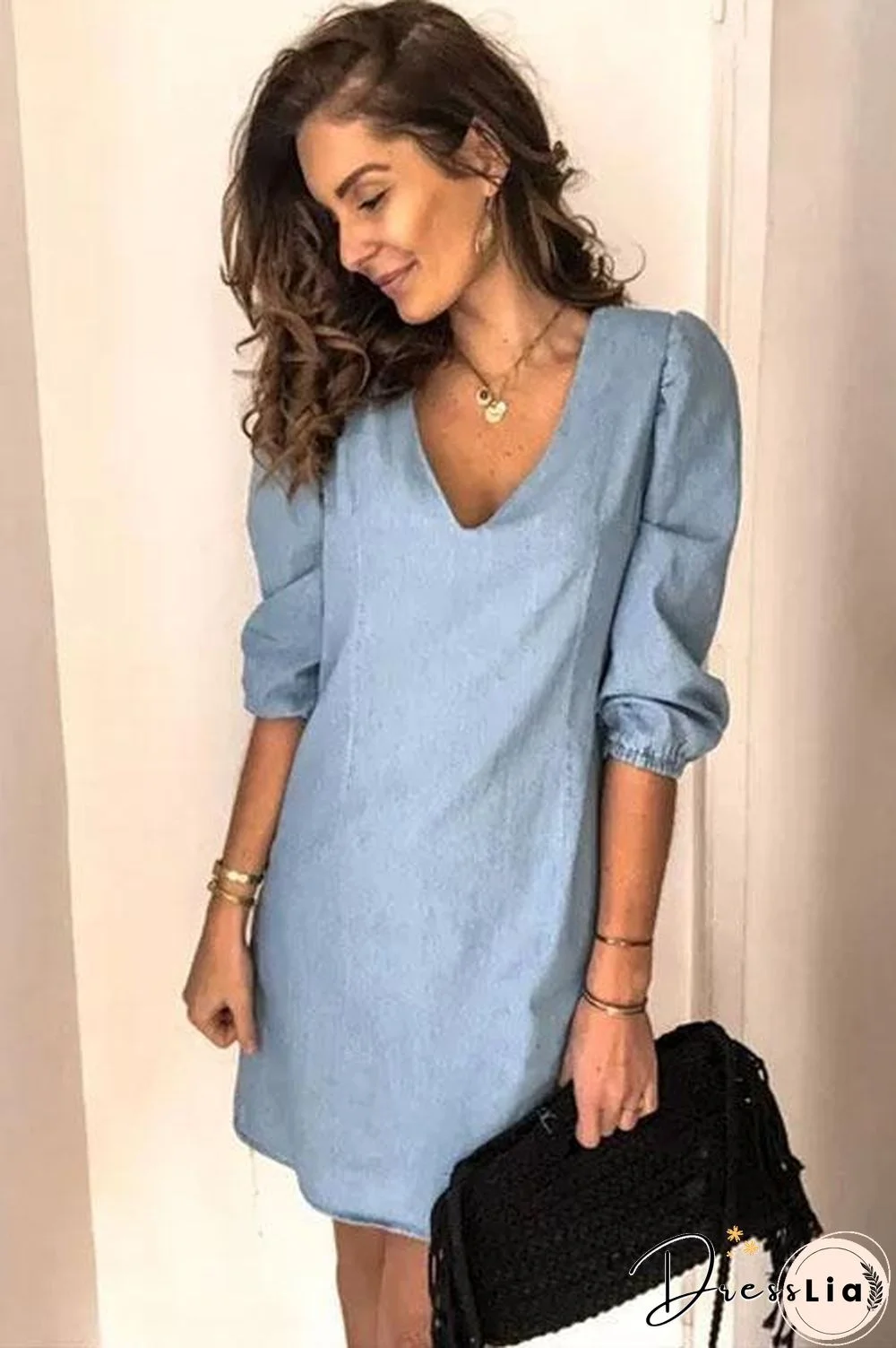 Puff Sleeve Simple Denim Dress