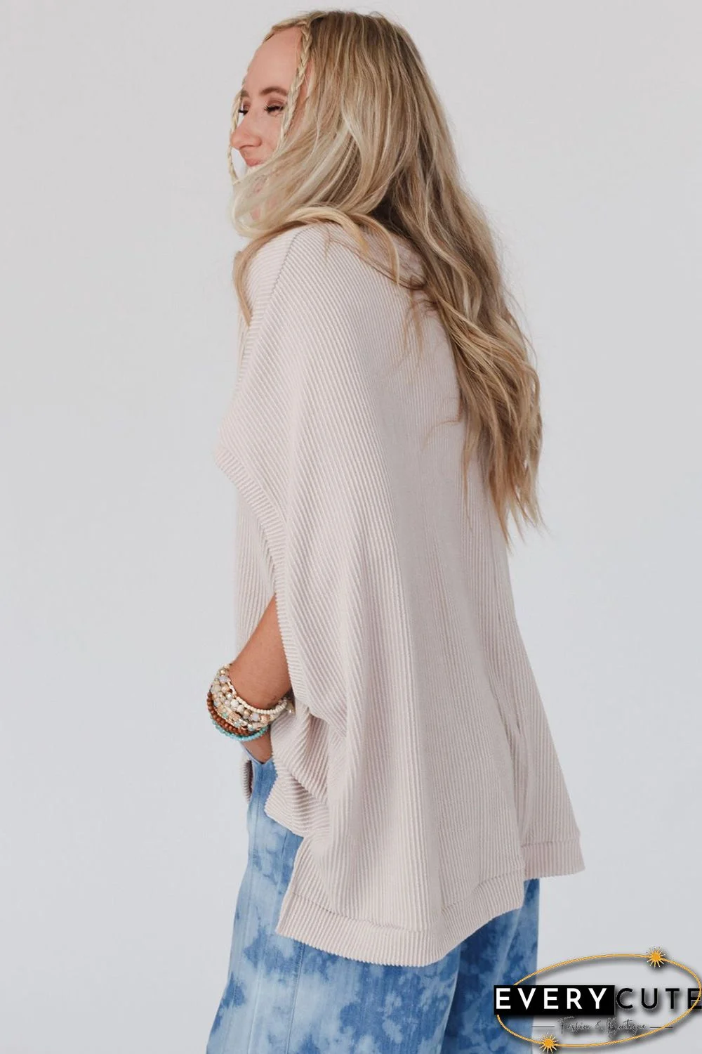Apricot Ribbed Knit Batwing Sleeve Tunic Oversized T Shirt