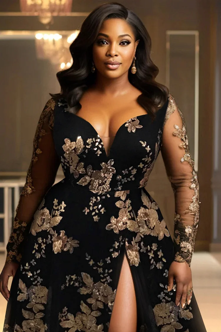Xpluswear Design Plus Size Formal Black Elegant V Neck Long Sleeve Split See Through Tulle Maxi Dresses [Pre-Order]