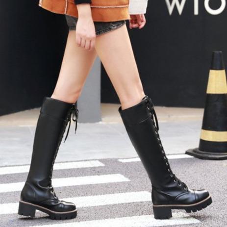 Women front-lace chunky medium heel boots | knee high platform combat boots