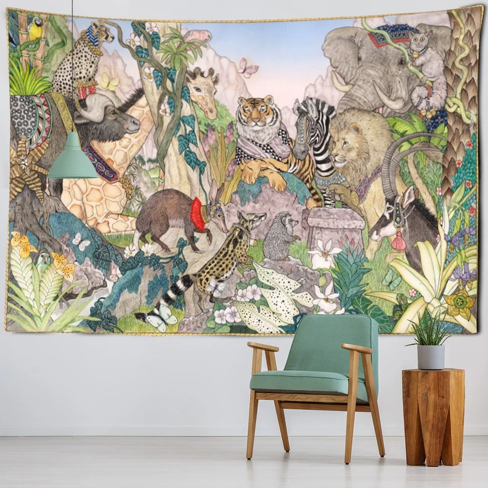 Animal Forest Illustration Tapestry Wall Hanging Bohemian Style Art Witchcraft Kawaii Cartoon Dormitory Home Decor