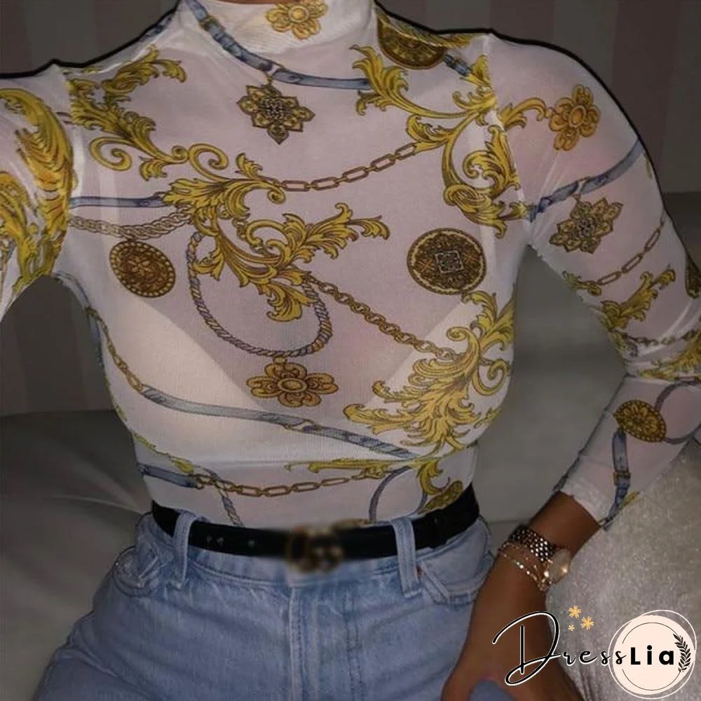 Women Mesh Sheer See Through Print Shirt Blouses Outwear Turtleneck Long Sleeve Tops Transparent Slim Shirt Bodycon Club Blouse P16403