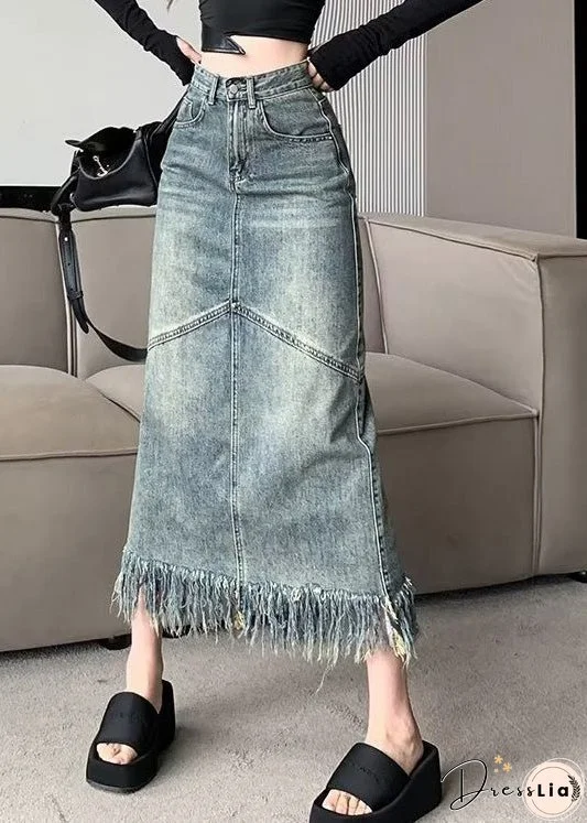 Vintage Blue Patchwork Tassel Denim Maxi Skirts Summer