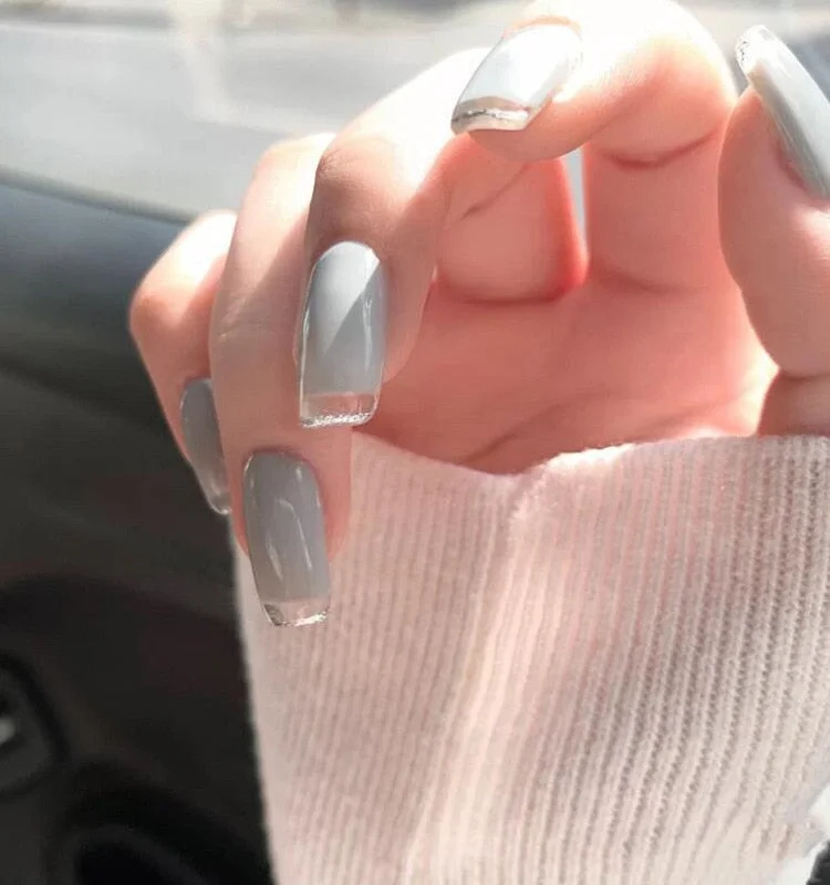 24pcs Grey Nail Patch Glue Type Removable Long Paragraph Fashion Manicure Save Time False Nail Patch SANA889-Nail Inspo