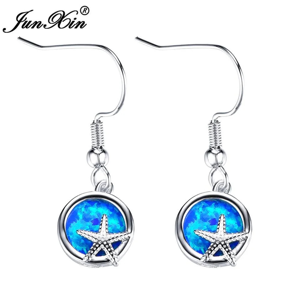 JUNXIN Boho Female White/Blue Fire Opal Earrings Fashion Silver Color Dangle Earrings Vintage Drop Earrings For Women